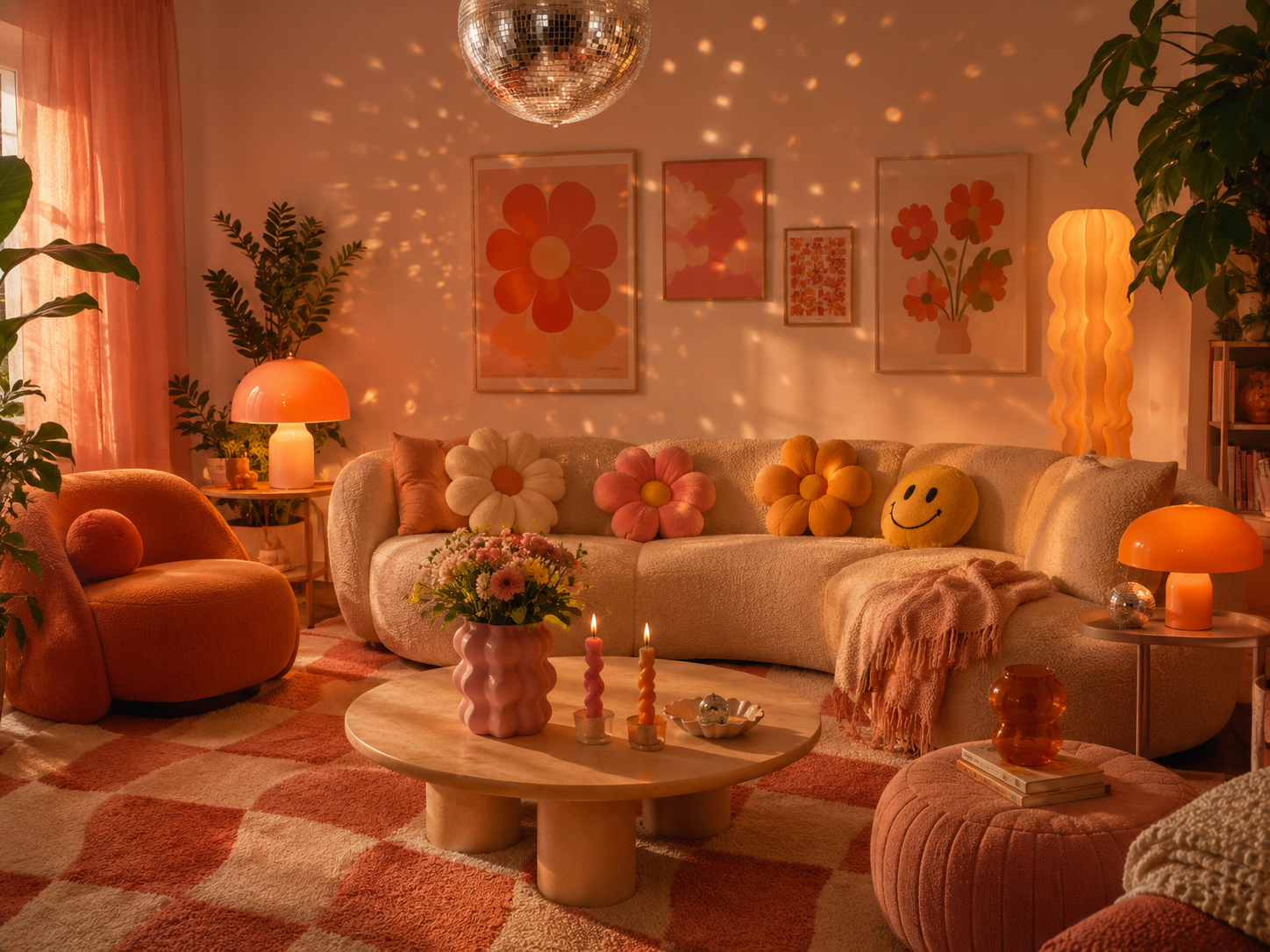 Dopamin Decor Ideen mit Pilzlampe Discokugel und farbenfroher Retro Deko